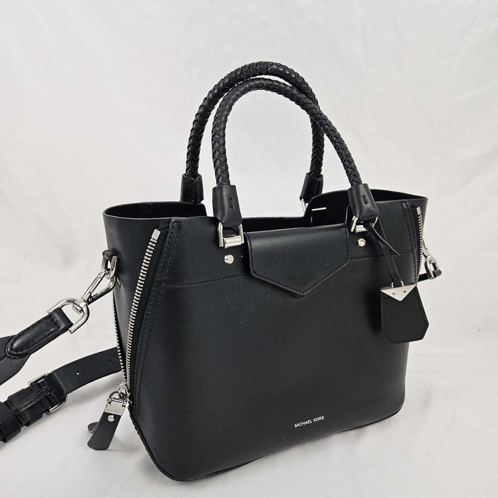 Michael Kors Black Leather Handbag Satchel Blakley Shoulder Bag Key Charm